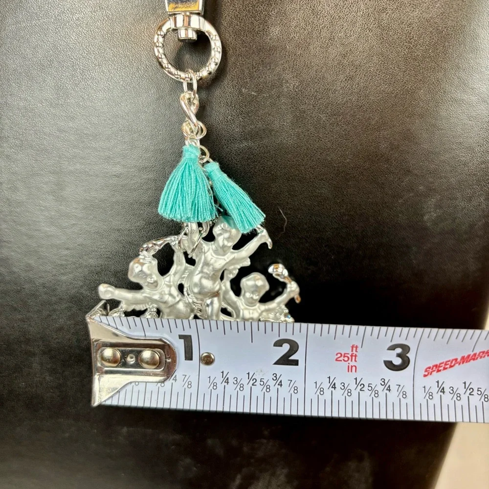 Silver Cherub‎ Keychain with Teal Tassels & Rhinestone Accents Hand Crafted